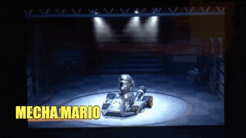 a video game character named mecha mario sits on a stage