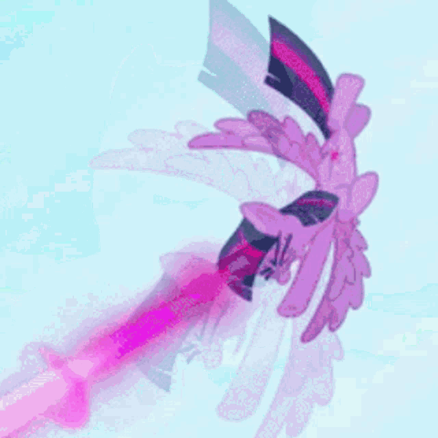 a cartoon pony with a purple mane and tail is standing next to a pink object
