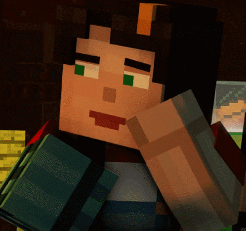 a close up of a minecraft character with a book in his hand