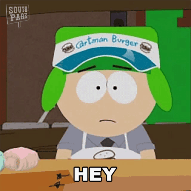 a cartoon character from south park has a hat that says cartman burger