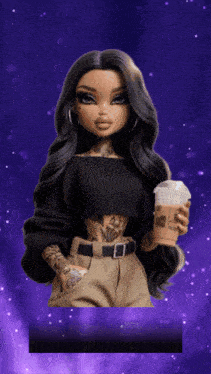 a doll is holding a cup of coffee and the letter f is on the bottom