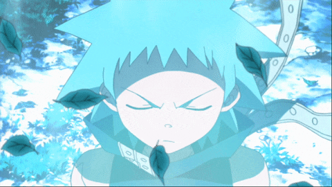 a drawing of a person with blue hair and leaves around their neck