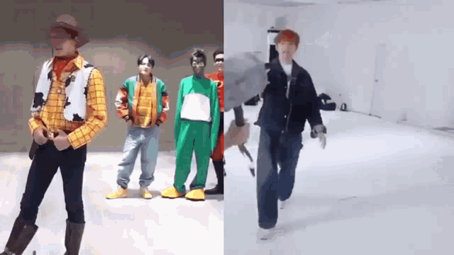 a group of people dressed up in costumes are standing next to each other on a white surface .