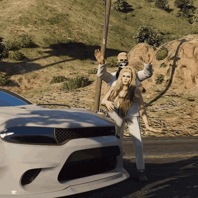 a man wearing a skull mask holds a woman in his arms in front of a white car