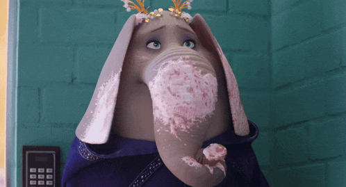 a cartoon elephant with a cake on its trunk and a calculator in the background