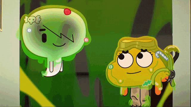 two cartoon characters are standing next to each other and one has a green head