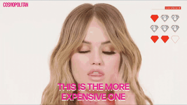 a woman with her eyes closed has the words " this is the more expensive one " on her face