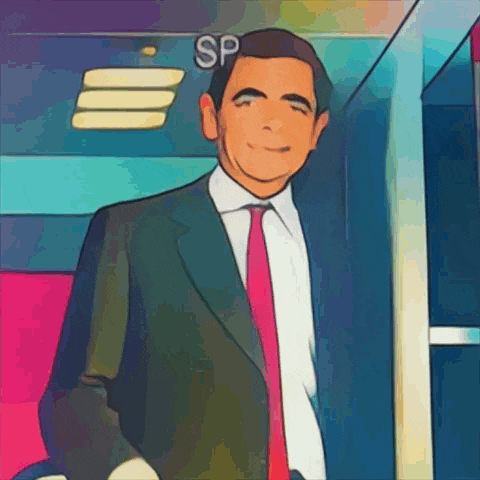 a man in a suit and tie stands in front of a sign that says sp on it