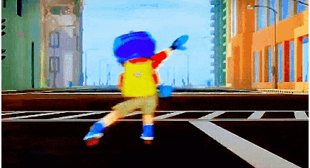 a boy in a blue helmet is crossing a street in a video game