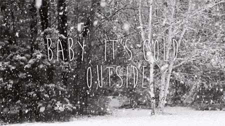 a black and white photo of a snowy forest with the words `` baby , it 's cold outside '' written in the snow .