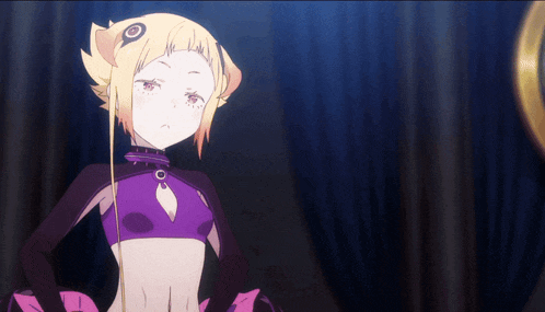 a girl with yellow hair and a purple top is standing in front of a curtain