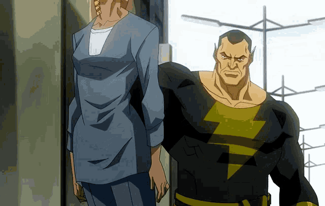 a cartoon character with a lightning bolt on his chest stands next to a woman