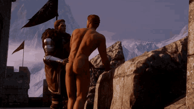 a naked man stands next to a naked man in a video game