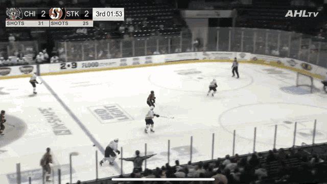 a hockey game is being shown on ahltv and the score is 2 to 2