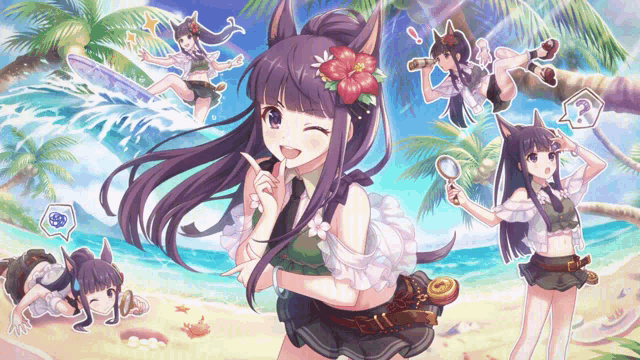 a girl with purple hair and a flower in her hair is on the beach