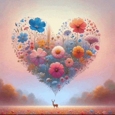 a painting of a deer in a field with a heart shaped bouquet of flowers