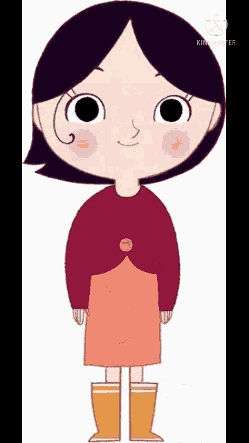 a cartoon girl is wearing a red sweater and a pink skirt and boots .