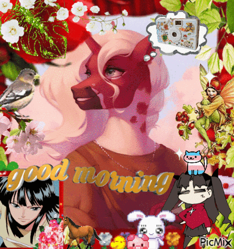 a picture of a girl with a dog face and the words good morning