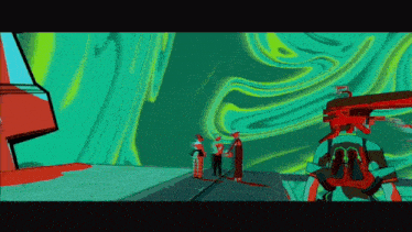 a cartoon of a man holding a gun in front of a green and yellow background