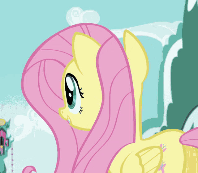 a close up of a pony with pink hair and blue eyes