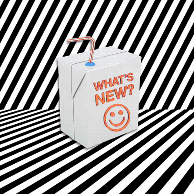 a box that says what 's new with a straw