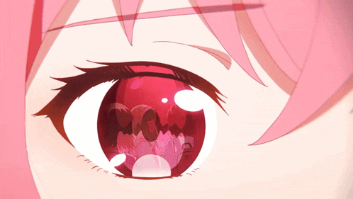 a close up of a girl 's eye with a pink hair