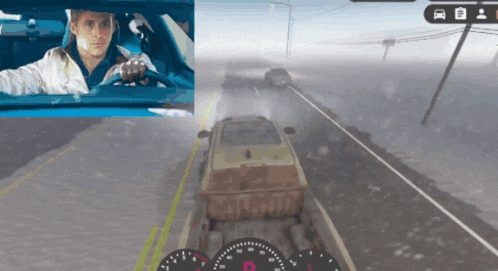 a man driving a car next to a screenshot of a car driving on a road