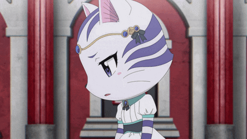 a cartoon cat with a white and purple stripped outfit