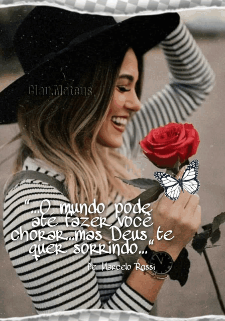 a woman holding a red rose with a butterfly on it and a quote from marcelo rossi