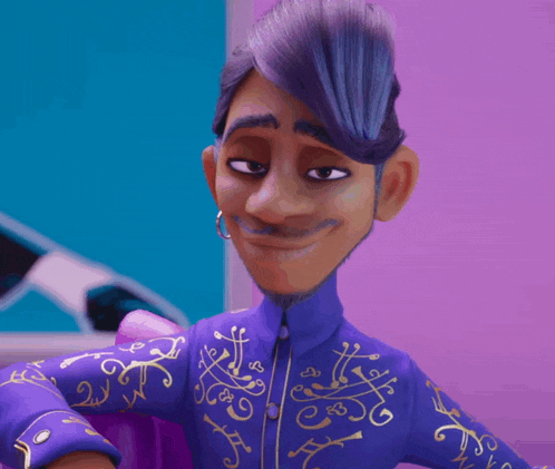 a cartoon character wearing a purple shirt with gold embroidery