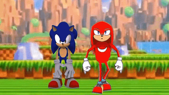 sonic the hedgehog and knuckles the echidna are standing next to each other .