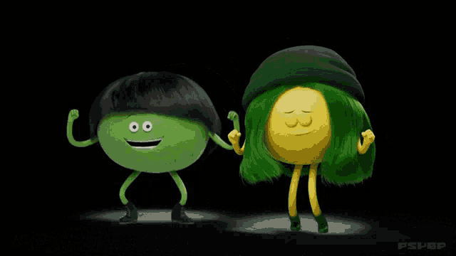 a couple of cartoon characters with green hair and yellow arms