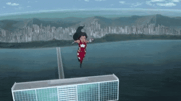 a woman in a red and white superhero costume is flying over a body of water