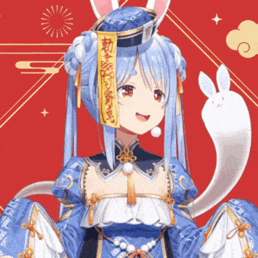 a girl with blue hair is wearing a blue and white dress