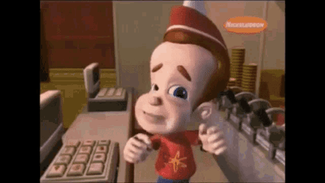 jimmy neutron is a cartoon character from nickelodeon standing in front of a cash register .