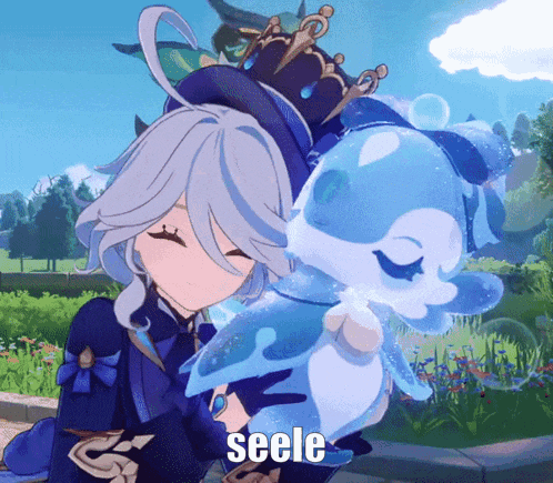 a girl is holding a small blue animal and the word seele is on the bottom right