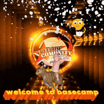 a welcome to basecamp sign with a baby and a cat