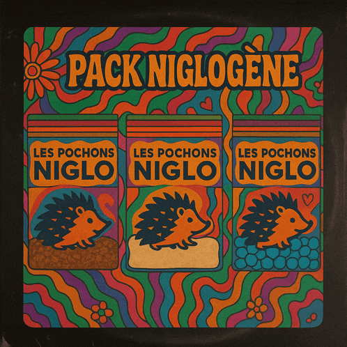 a colorful poster for pack niglogene with three hedgehogs on it