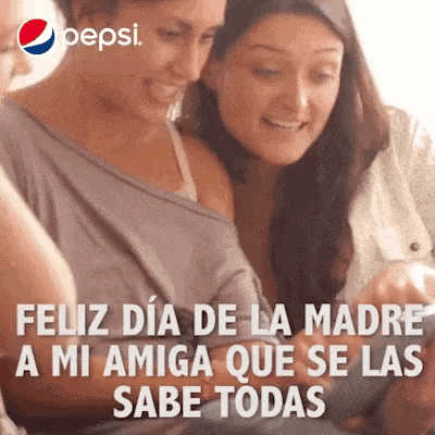 a pepsi ad features two women looking at a cell phone .