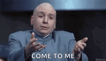 a bald man in a blue suit is saying `` come to me '' .