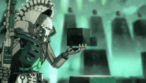 a robot is holding a cube in his hand with the letter o on it