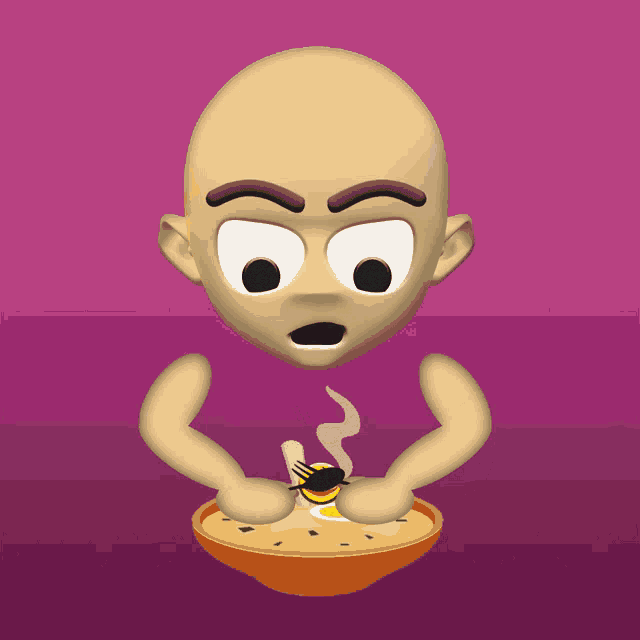 a cartoon character with a surprised look on his face is holding a bowl of soup