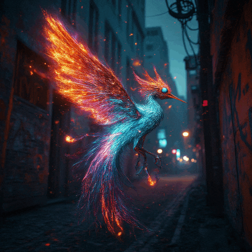 a painting of a bird with flames coming out of it 's feathers