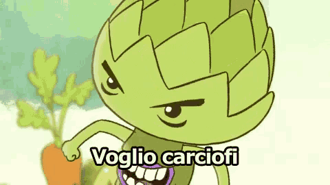 a cartoon artichoke with a purple mouth is standing next to a carrot and says voglio carciofi