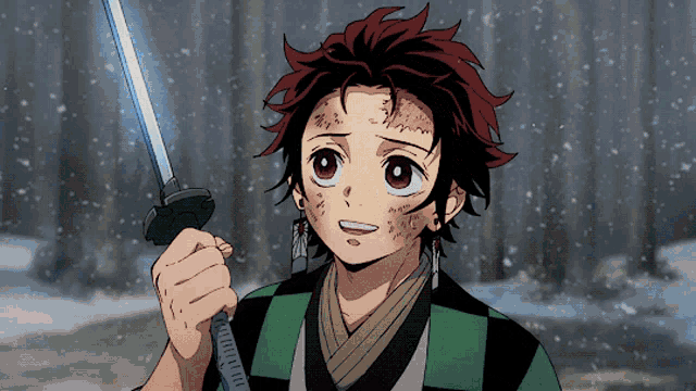a young boy with red hair is holding a sword