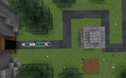 an aerial view of a minecraft world with a stone building