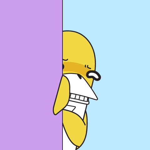 a cartoon drawing of a yellow duck holding a piece of paper in its mouth