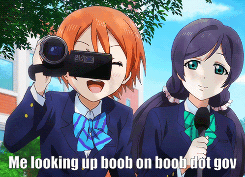 two anime girls are standing next to each other and one is holding a camera and the other is holding a microphone