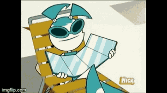 jenny from my life as a teenage robot is sitting on a chair reading a book .