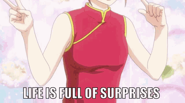 a picture of a girl with the words " life is full of surprises " above her